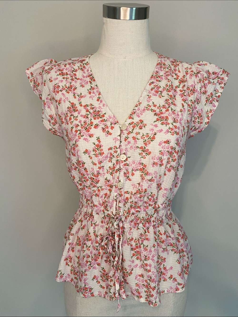 Time and Tru Floral Button-Front Blouse — Pink, Coral & Green